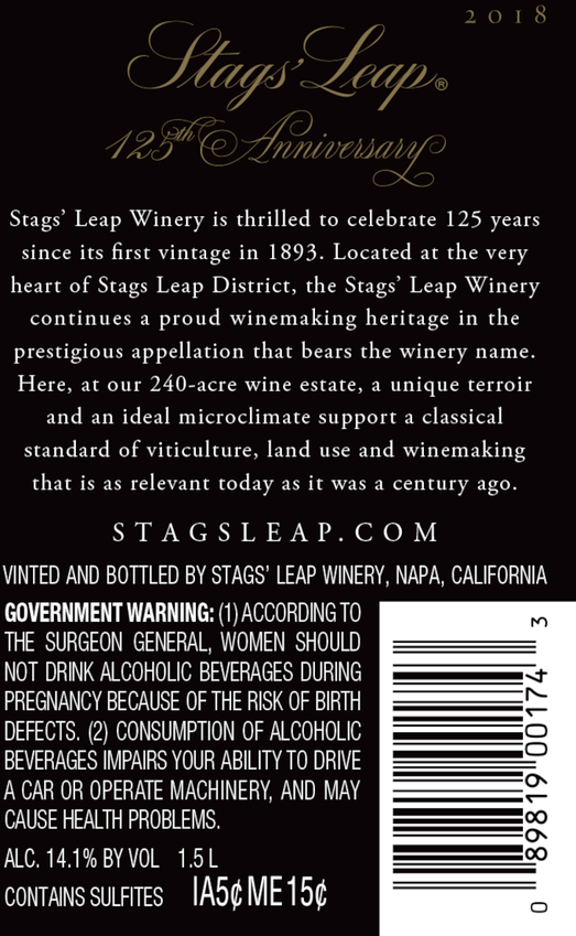 2018 Stags' Leap 125th Anniversary Petite Sirah Magnum Back Label