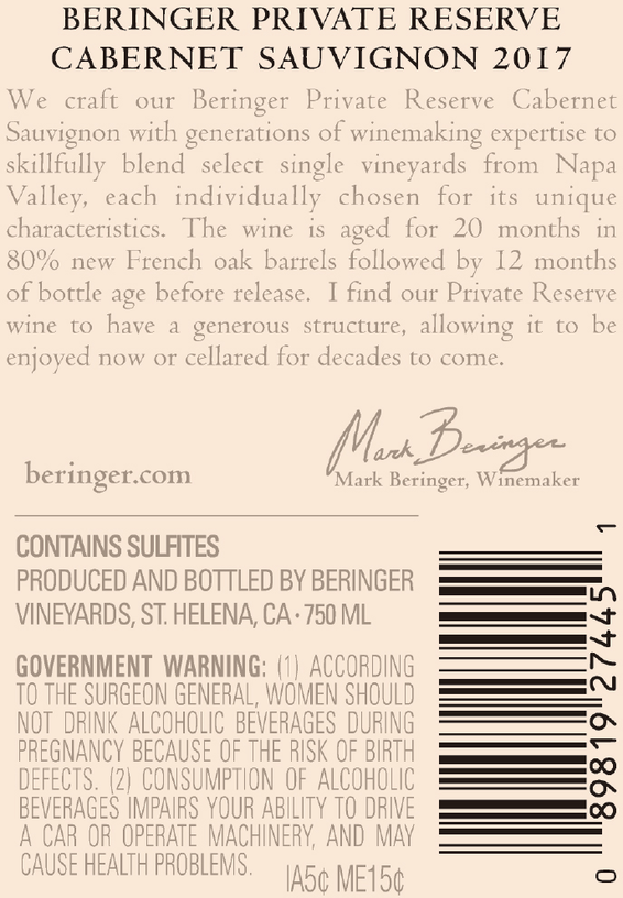 2017 Beringer Private Reserve Cabernet Sauvignon Back Label